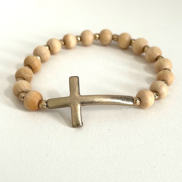 Jewelry - Wood Bead Bracelet with Side Cross